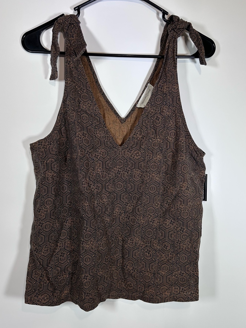 Treasure & Bond Size S Brown Geometric Tie Shoulder Linen Blend Top